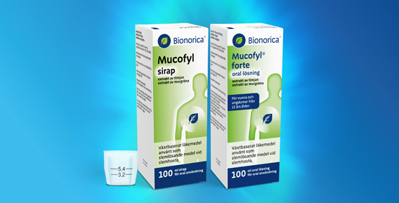 Mucofyl sirap och Mucofyl forte oral l&ouml;sning med f&ouml;rpackningar.